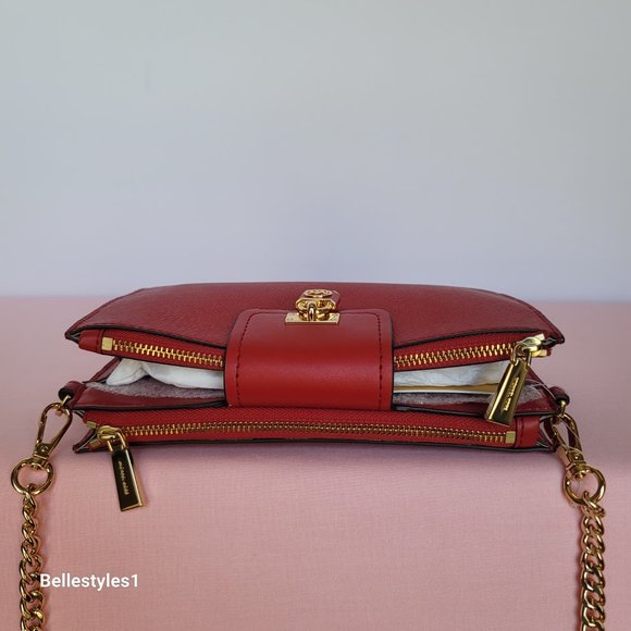 MICHAEL KORS Ruby Small Double-Zip Saffiano Leather Crossbody Bag- Crimson ⭐ - Picture 11 of 16
